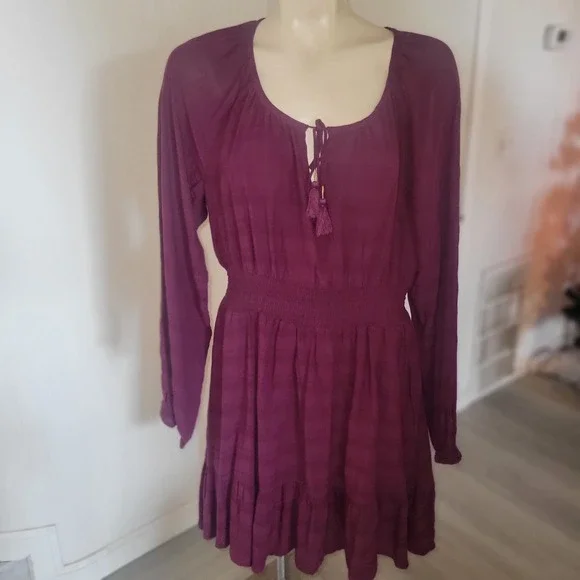 Idyllwind Womens Smock Long‎ Sleeve Mini Dress Burgundy Lace Up Tassels Boho M - Picture 2 of 8